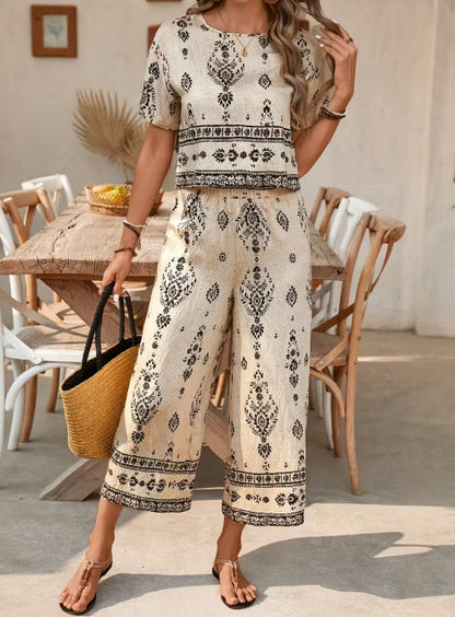 Women's Ethnic Print Contrast Two-Piece Set – Top & Straight-Leg Pants FitiqueFit