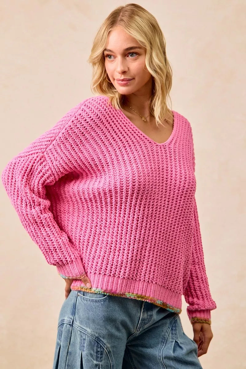 BiBi V-Neck Sweater with Colorful Trim FitiqueFit