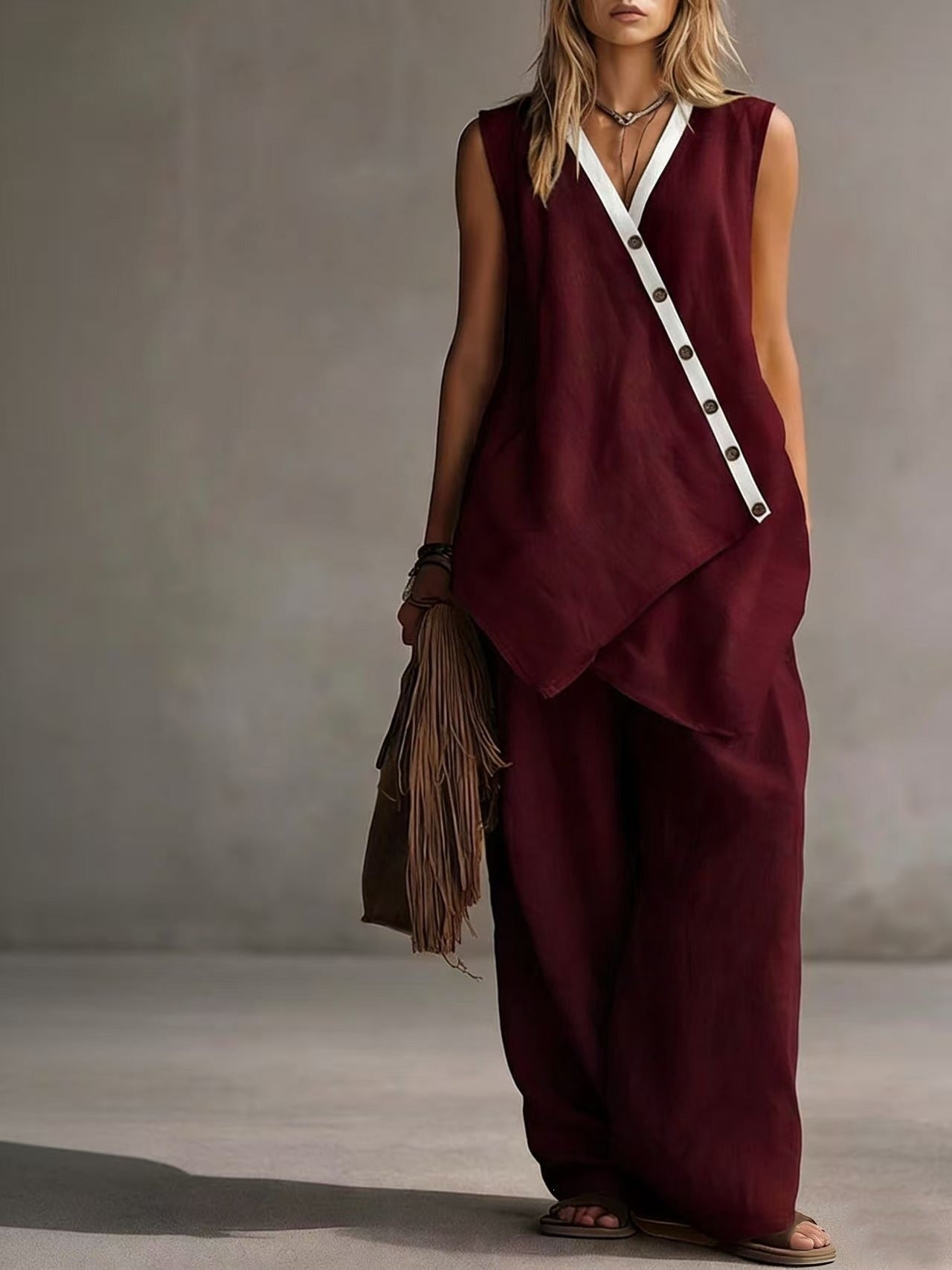Women's Boho V-Neck Button Vest & Wide-Leg Pants Set FitiqueFit