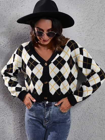 Women'S Elegant Tartan Knit Cardigan, V-Neck Short Length Sweater with Button Detail, Acrylic 100% Long Sleeve Knitwear for Fall/Winter NovaCart