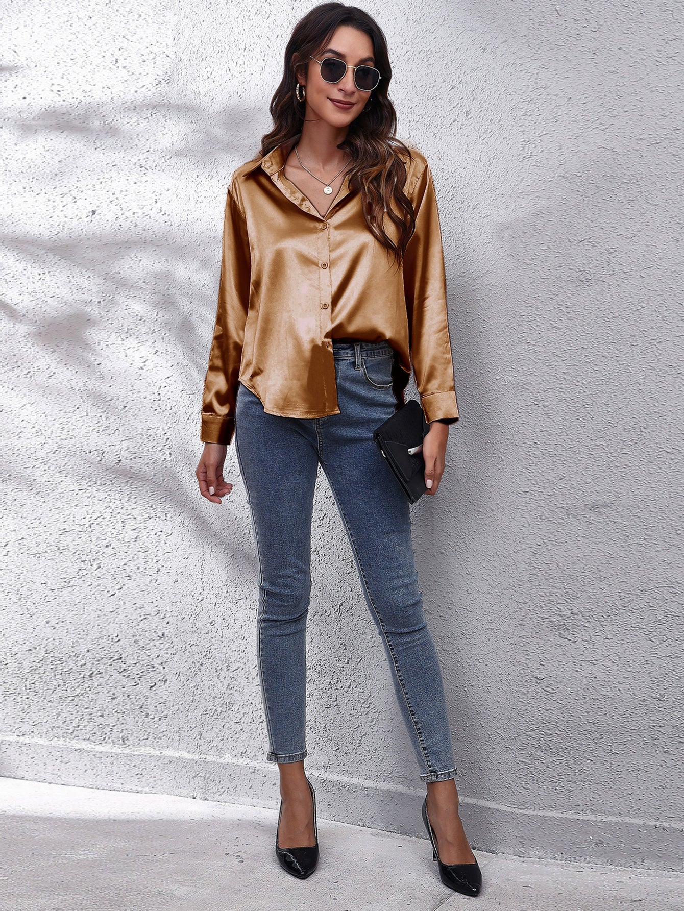 Hot Style In-Kind Shooting Satin Shirt Women'S Satin Imitation Long-Sleeved Shirt New European And American Cross-Border Women'S Clothing NovaCart