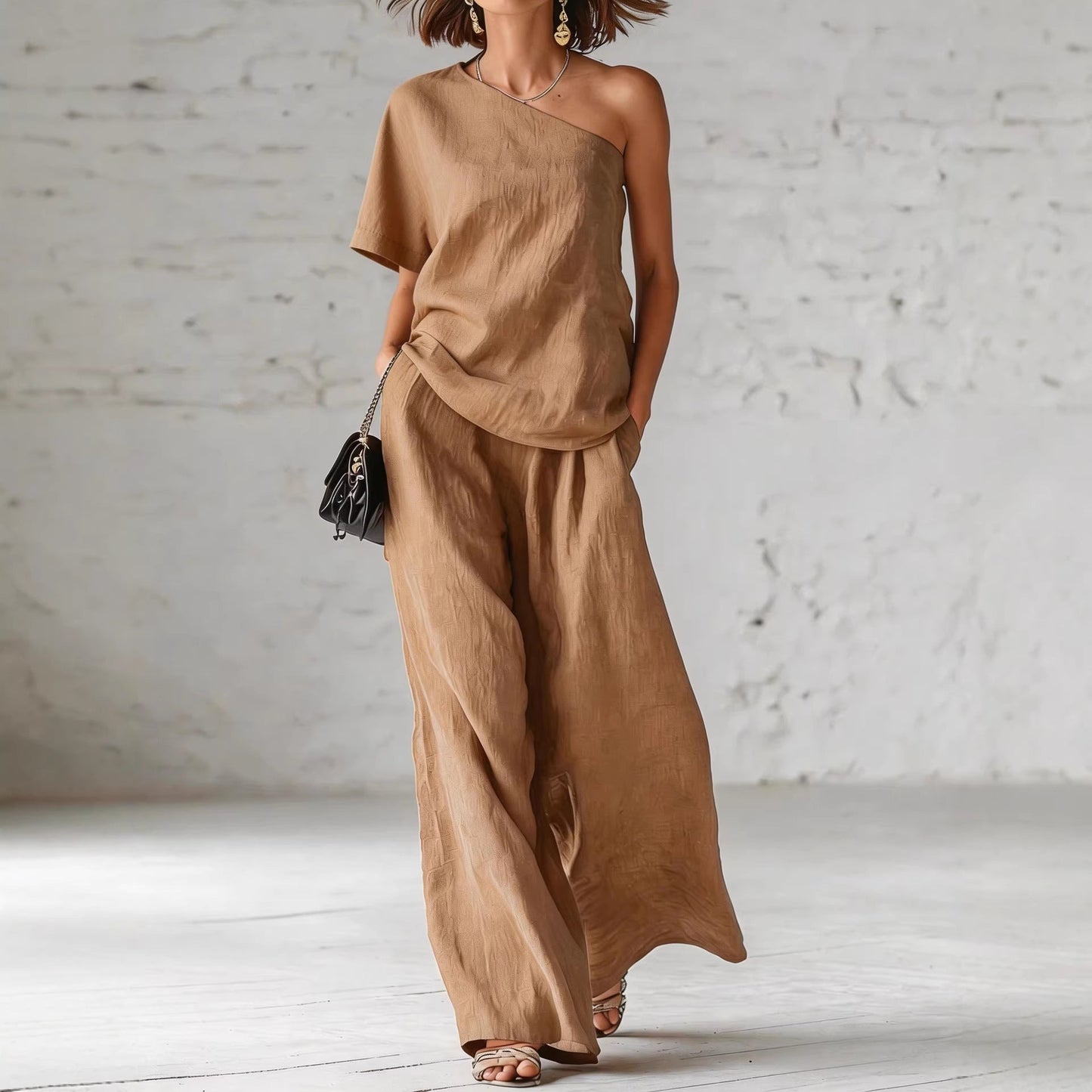 Women's Wide-Leg Pants & Top Set – 2-Piece Three-Quarter Sleeve Outfit FitiqueFit