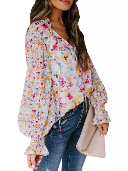 Full Size Floral Print Smocked Cuff Blouse Plus Size New Era Fashion LLc