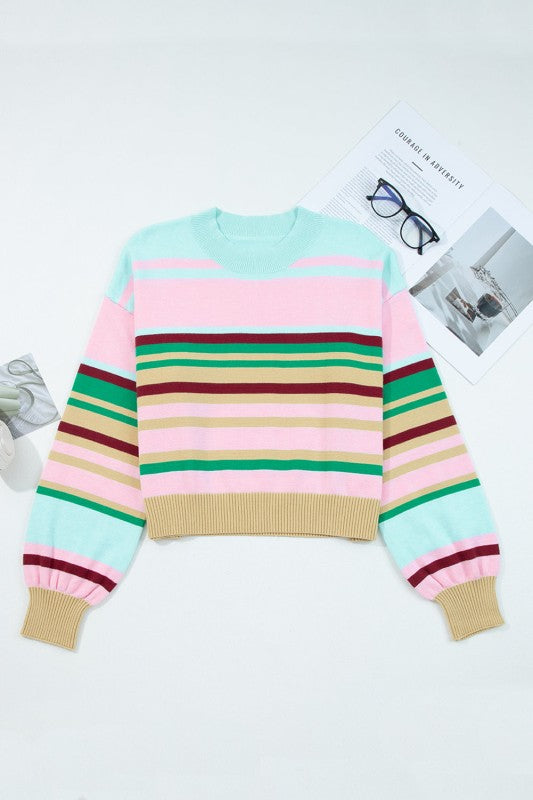 Stripe Ribbed Trim Crewneck Cropped Sweater Shop Style & More | Fresh Looks, Everyday Deals & Free Shipping