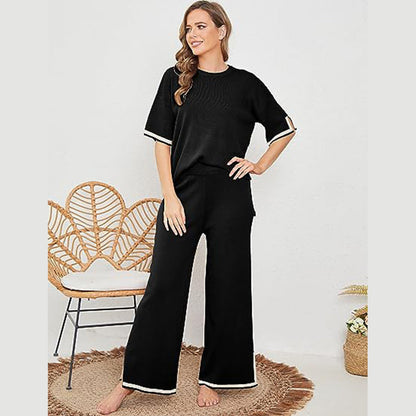 New Knitting Suit Sweater Suit Short Sleeve Pullover Wide Leg Pants Grayceful LLC
