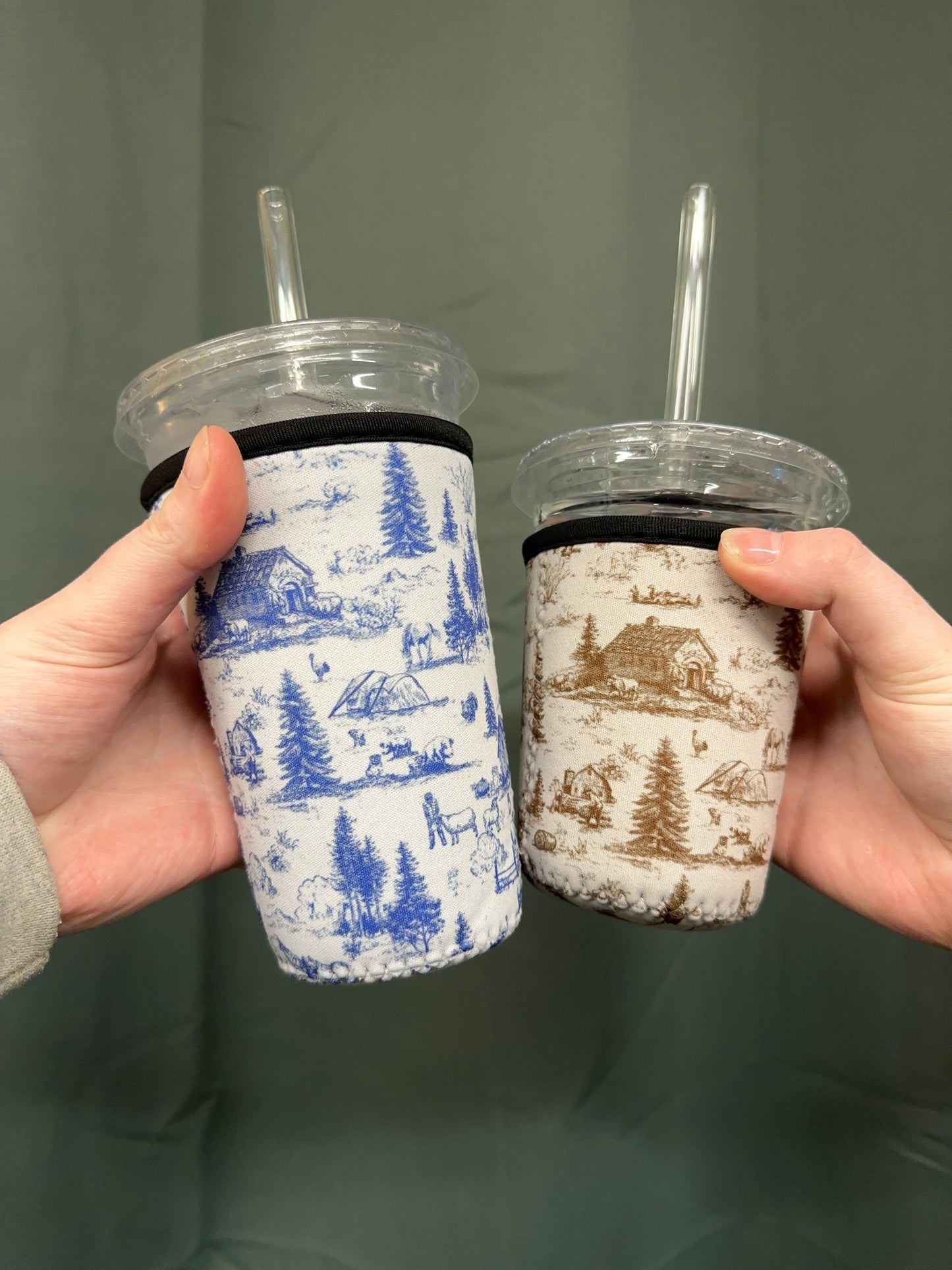Western Barn Toile Coffee Sleeve | Reusable Neoprene Iced Coffee Cup Cover (16–24oz) BashDesignsCo