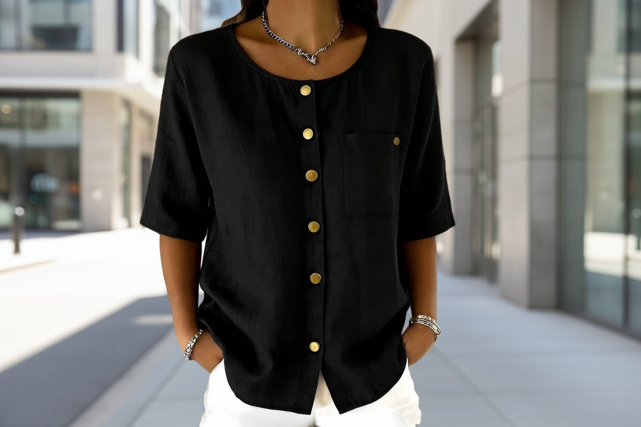 Crew-Neck 3/4 Sleeve Shirt with Metal Buttons – 7 Colors, S–3XL FitiqueFit
