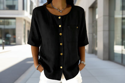 Crew-Neck 3/4 Sleeve Shirt with Metal Buttons – 7 Colors, S–3XL FitiqueFit