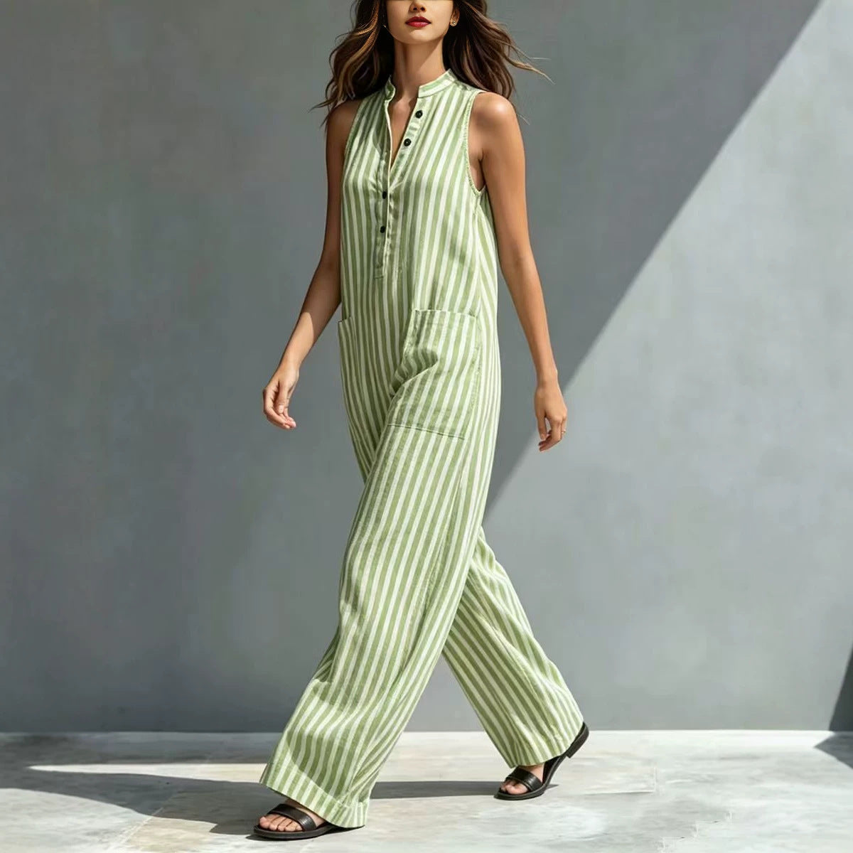 V-Neck Sleeveless Striped Loose Cropped Jumpsuit | 3 Colors S–3XL FitiqueFit