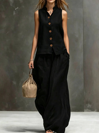 Women's Sleeveless Vest & Wide-Leg Pants Two-Piece Set – Cotton Linen FitiqueFit