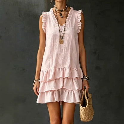 V-Neck Ruffle-Trim Tiered Sleeveless Midi Dress – 4 Colors, S–XXL FitiqueFit