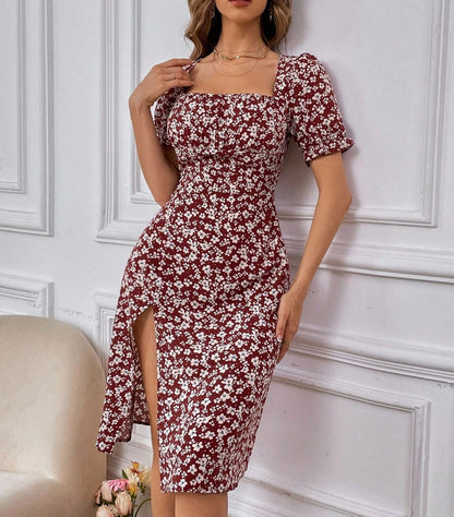 French Style Square Neck Floral Dress | Puff Sleeve A-Line FitiqueFit