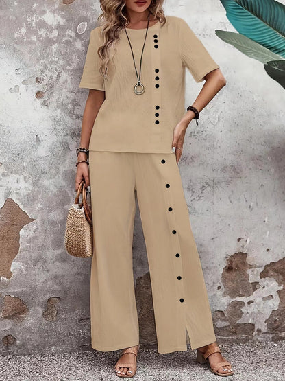 Women’s Button-Up Top and Loose Fit Two Piece Linen Set FitiqueFit