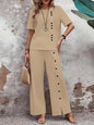 Women’s Button-Up Top and Loose Fit Two Piece Linen Set FitiqueFit