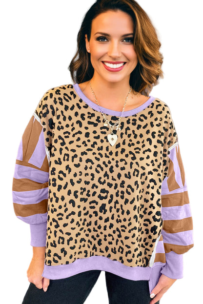 Purple Leopard Striped Patchwork Plus Size Loose Sweatshirt Garden Naked Curves