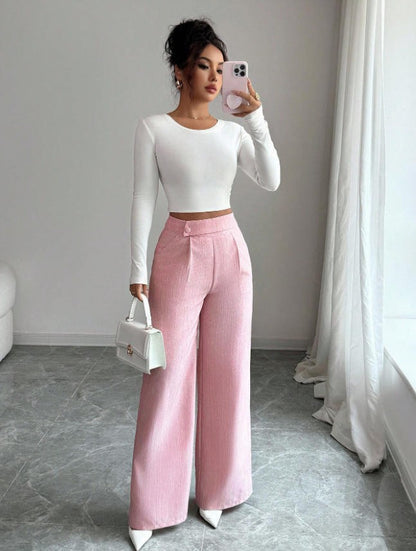 Women's High-Waist Straight-Leg Pants – Solid Color Button Detail Full Length FitiqueFit