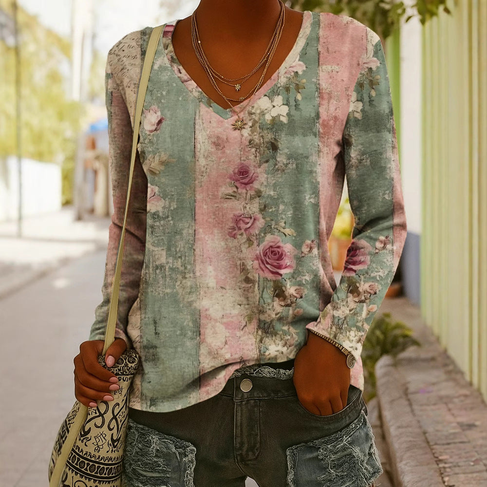 Women's Ethnic Print V-Neck Long-Sleeve Pullover Top FitiqueFit