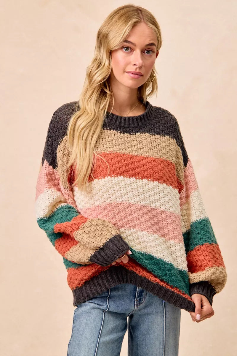 BiBi Stripes Color Block Chunky Sweater FitiqueFit