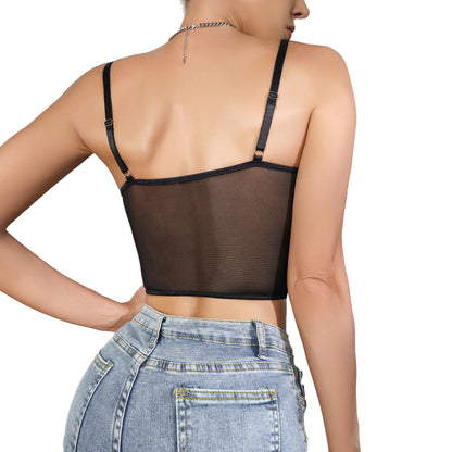 Cross-border Foreign Trade New European and American Vintage Lace Fishbone Steel Ring Niche Design Hollow-out See-through V-neck Sexy Hot Style Camisole Lingerie NovaCart