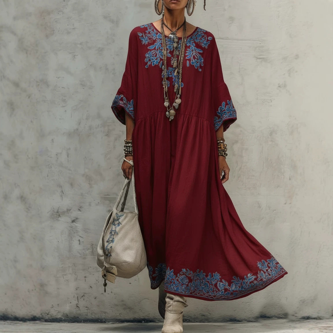 Women's Printed Batwing Sleeve Midi Dress – Loose Fit Linen Blend FitiqueFit
