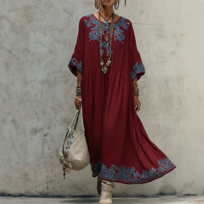 Women's Printed Batwing Sleeve Midi Dress – Loose Fit Linen Blend FitiqueFit