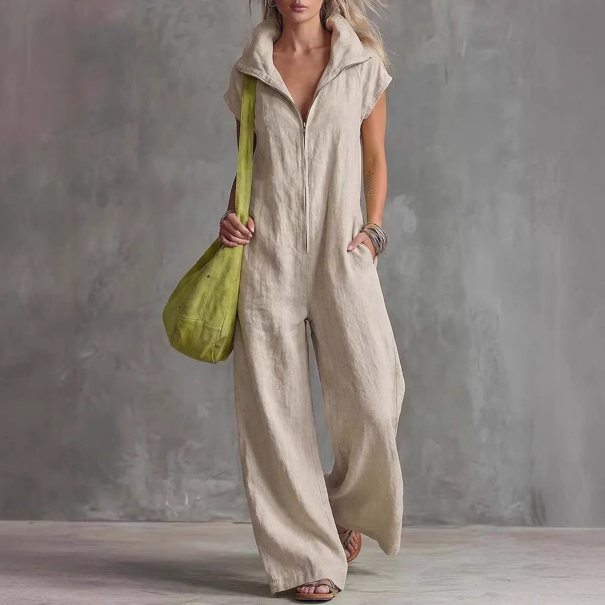 Women's Loose Sleeveless Jumpsuit with Pockets – Linen-Look FitiqueFit