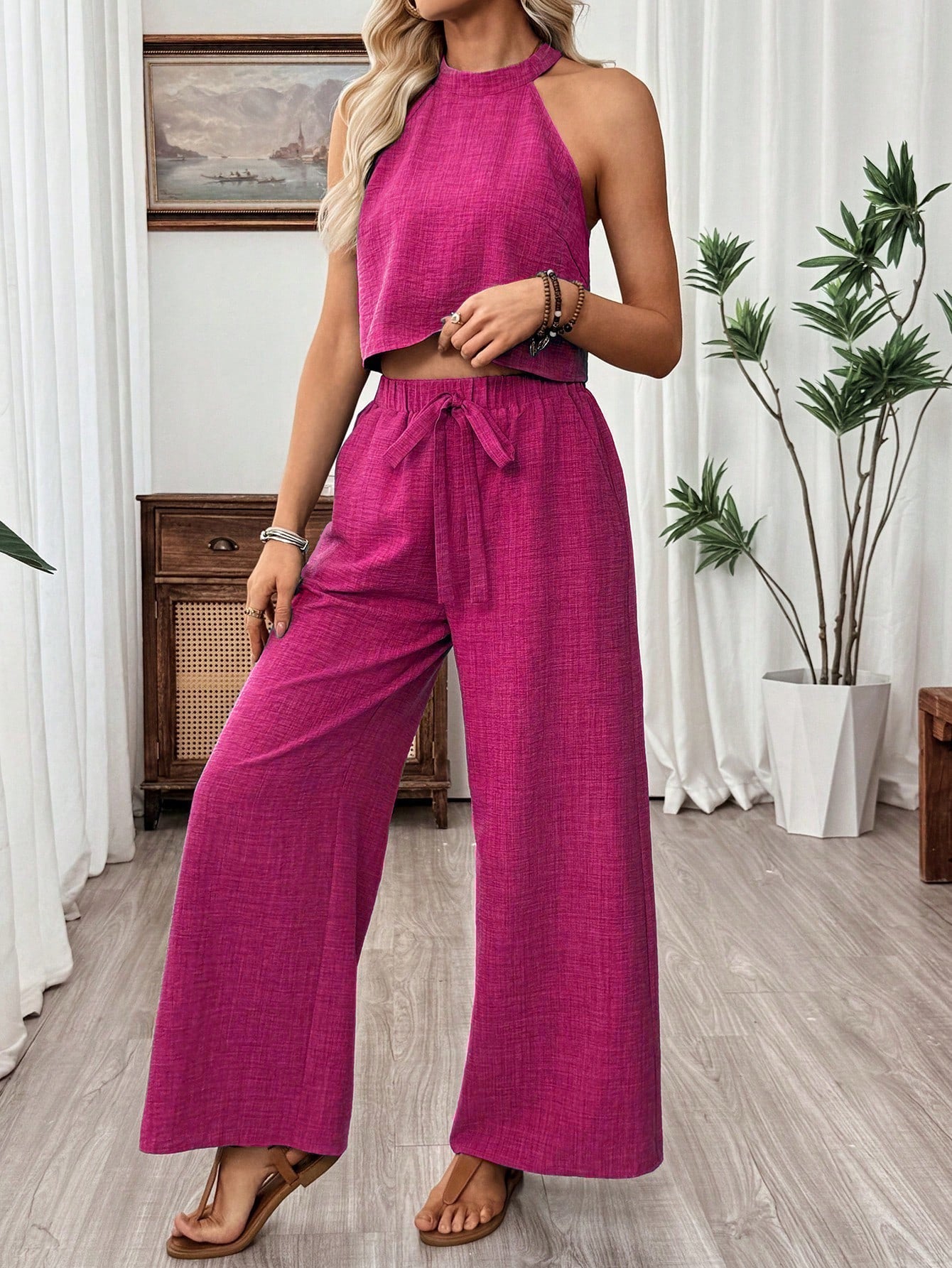 Women's Halter Neck Cropped Top & Wide-Leg Pants Two-Piece Set FitiqueFit