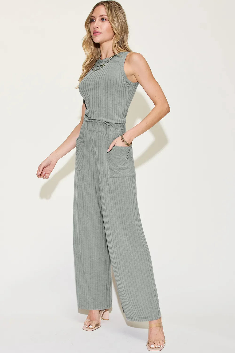 Basic Bae Full Size Ribbed Tank and Wide Leg Pants Set New Era Fashion LLc