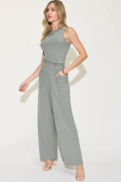 Basic Bae Full Size Ribbed Tank and Wide Leg Pants Set New Era Fashion LLc