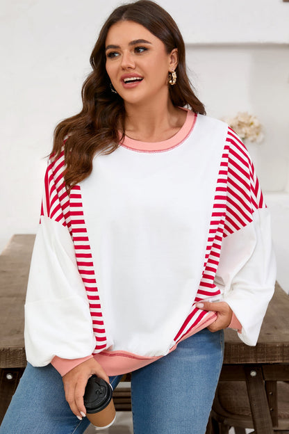 Red Stripe Color Block Patchwork Seam Detail Plus Size Sweatshirt Garden Naked Curves