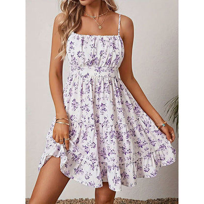 Floral Print Smocked Mini Dress Spaghetti Strap Slim Fit Flowy Dresses FitiqueFit