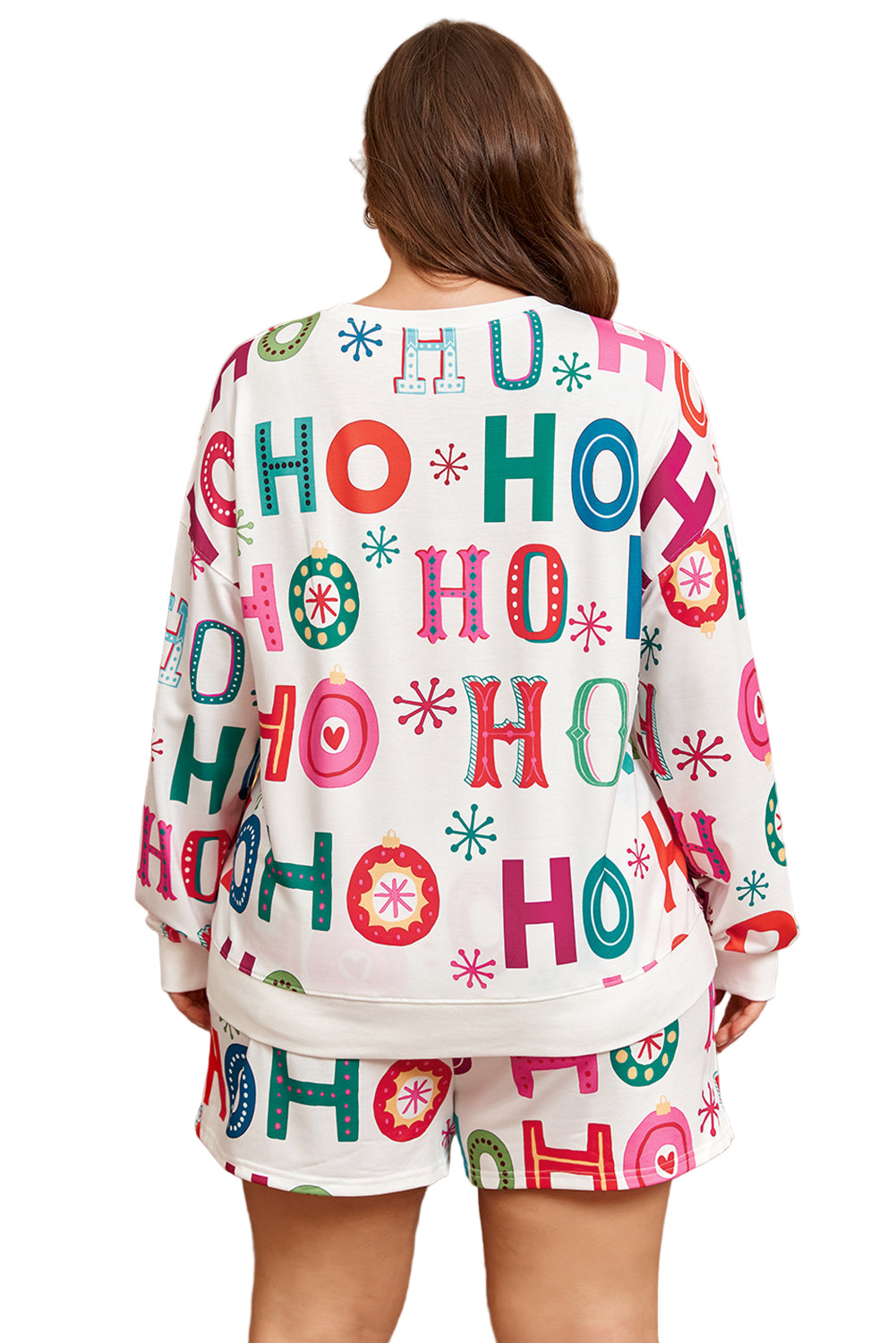 White Plus Size Christmas Ho Ho Ho Print Long Sleeve Top and Shorts 2pc Lounge Set Garden Naked Curves