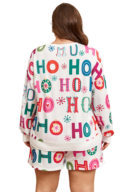 White Plus Size Christmas Ho Ho Ho Print Long Sleeve Top and Shorts 2pc Lounge Set Garden Naked Curves