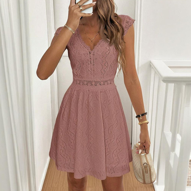 Women’s V‑Neck Short‑Sleeve Dress with Lace Trim FitiqueFit