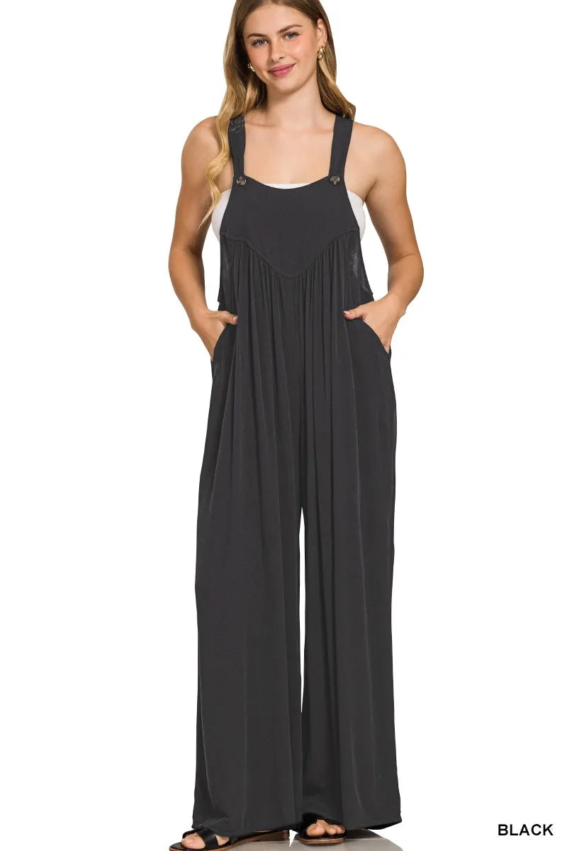 Zenana Woven Rayon Crepe Wide Leg Overalls West2East Surf