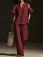 V-Neck Short Sleeve Top & Straight-Leg Pants Set – Ripped Detail, Pockets, Solid Color FitiqueFit