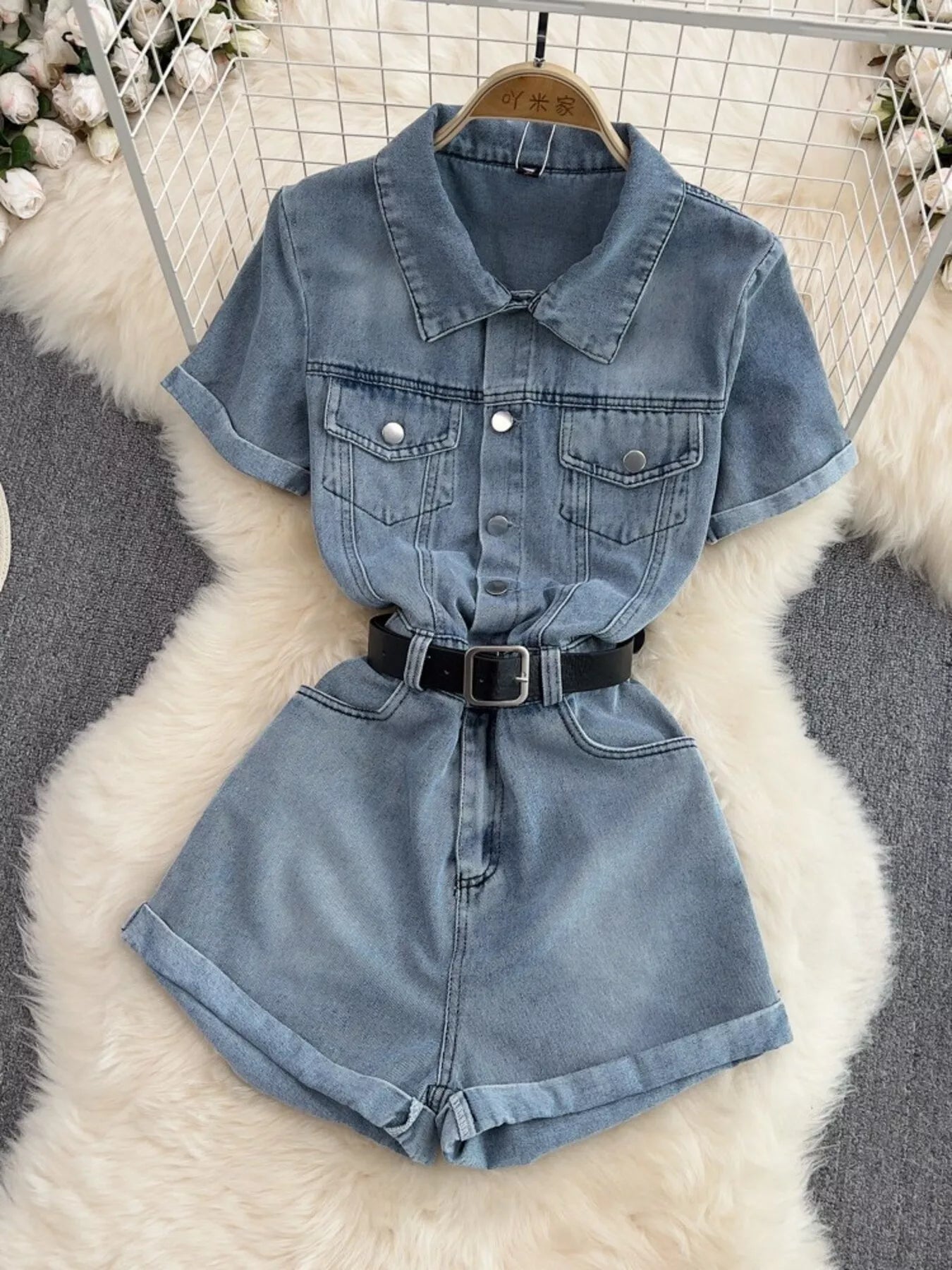 Button Front Short Sleeve Denim Romper New Era Fashion LLc