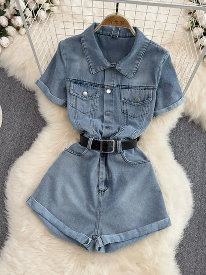 Button Front Short Sleeve Denim Romper New Era Fashion LLc