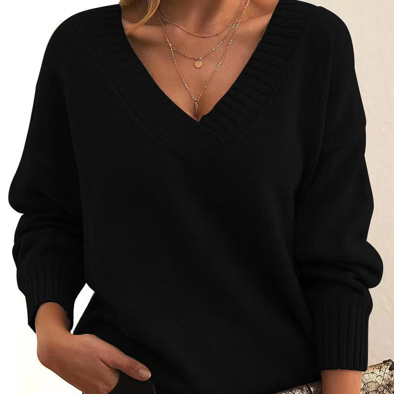 Women’s V-Neck Drop Shoulder Sweater | Casual Long Sleeve Pullover FitiqueFit