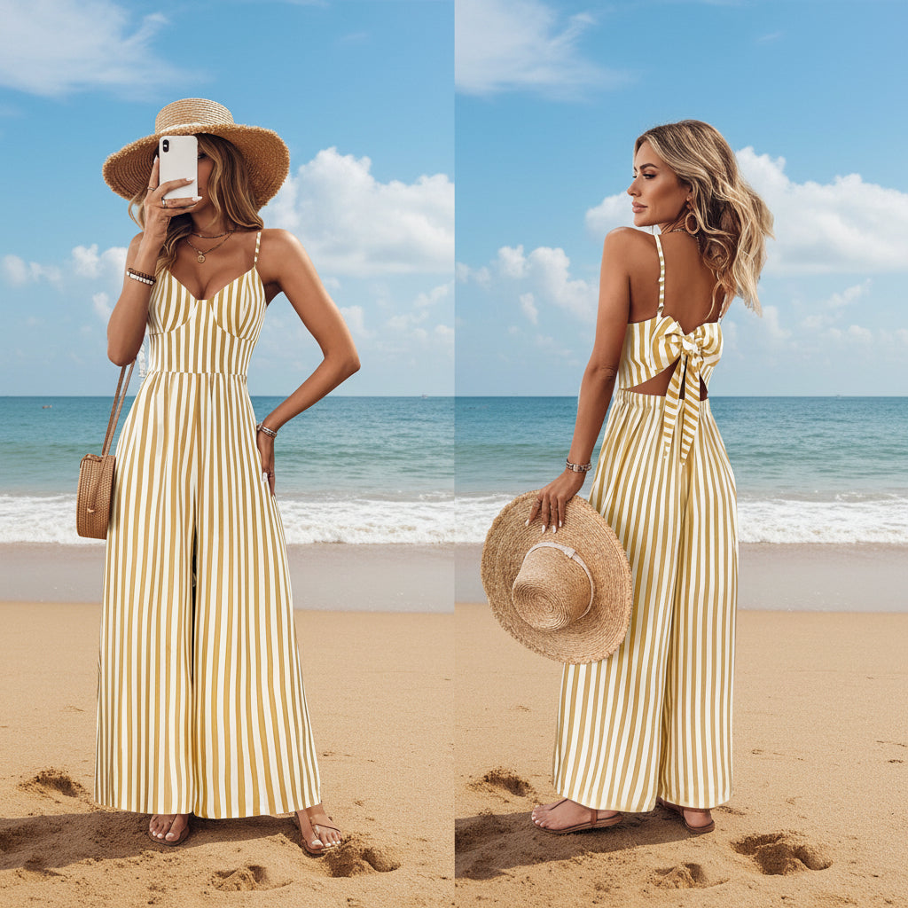 Printed Backless Sleeveless Strap Jumpsuit | Ginger Yellow FitiqueFit