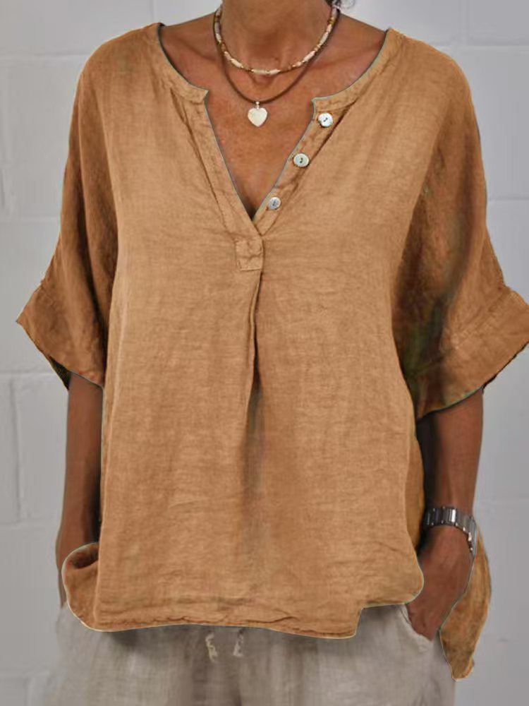 Women's Cotton Linen V-Neck Button-Up Shirt FitiqueFit