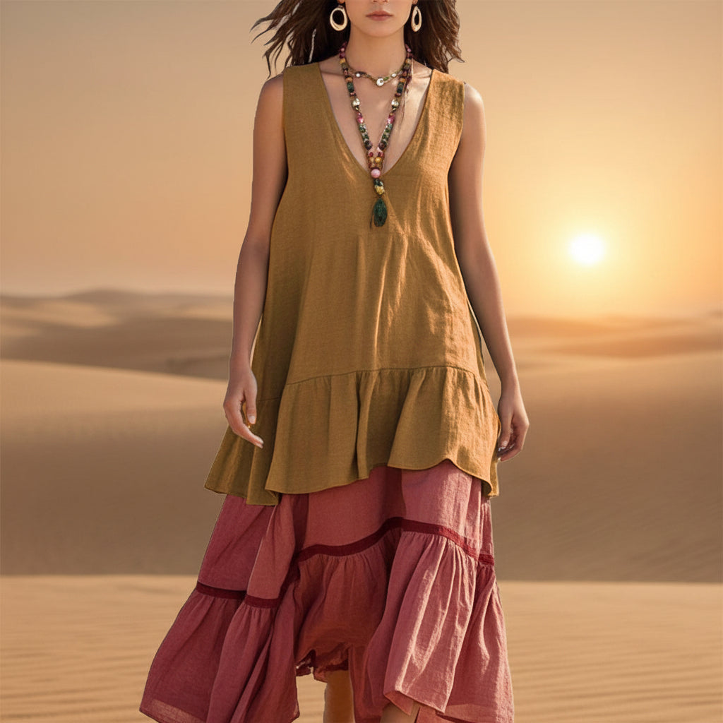 Women's Sleeveless Color-Block Patchwork Maxi Dress – V-Neck FitiqueFit