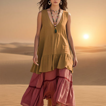 Women's Sleeveless Color-Block Patchwork Maxi Dress – V-Neck FitiqueFit