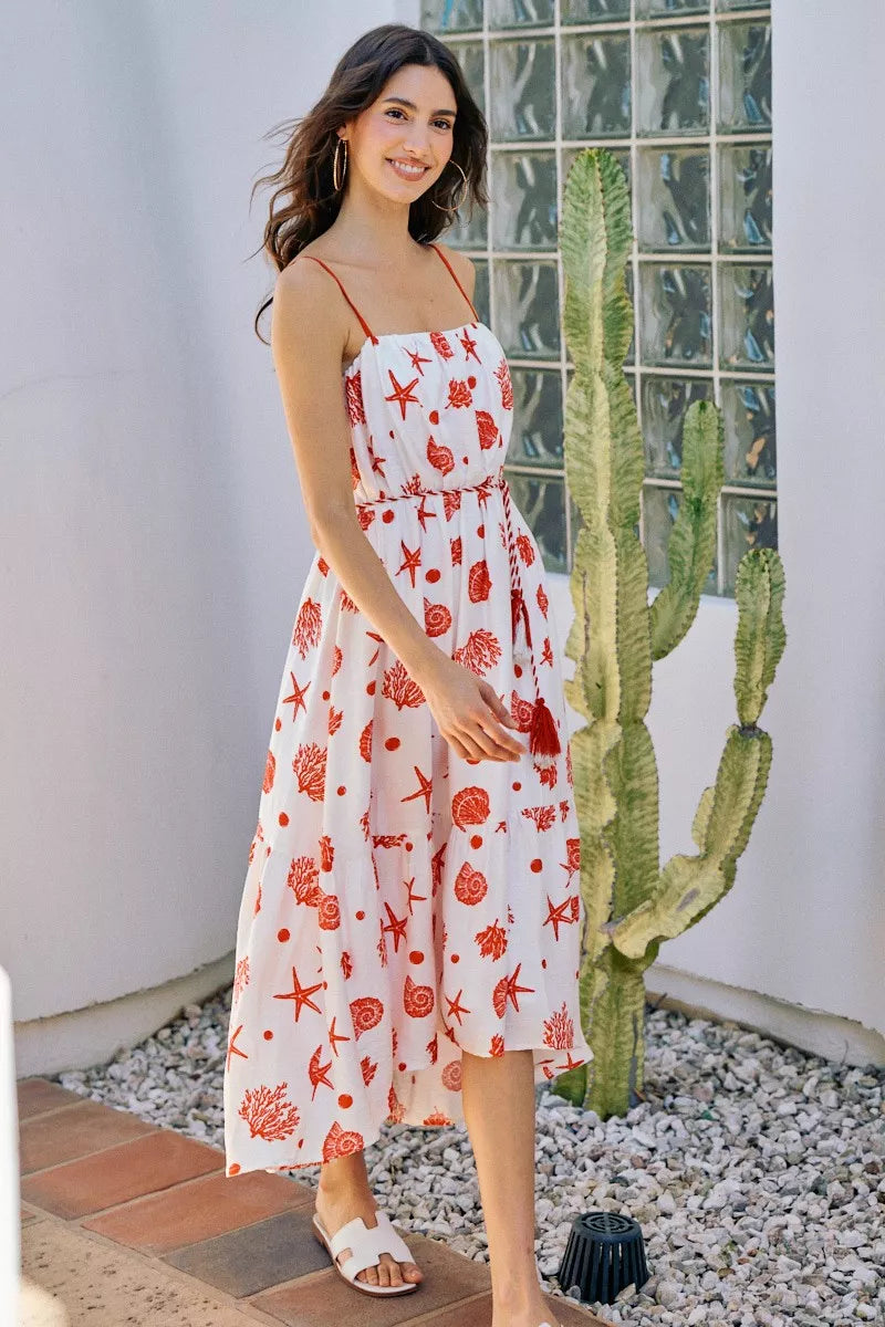 SO ME Shell Print Tiered Lined Midi Cami Dress With Belt New Era Fashion LLc