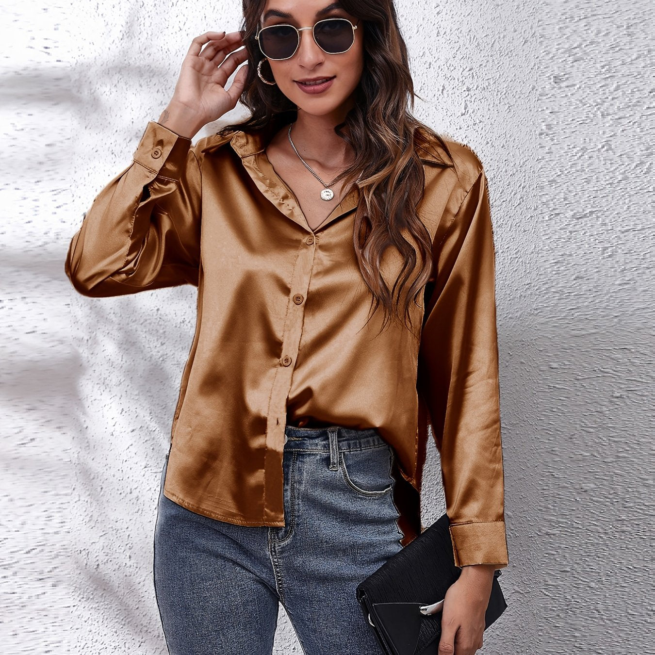 Hot Style In-Kind Shooting Satin Shirt Women'S Satin Imitation Long-Sleeved Shirt New European And American Cross-Border Women'S Clothing NovaCart