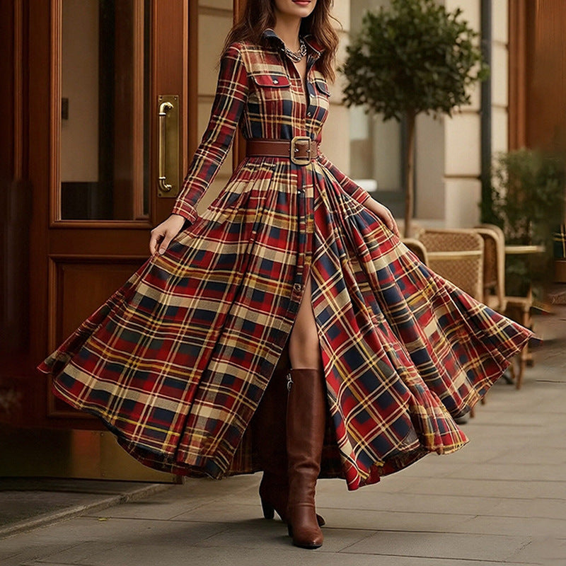 Women's Printed Lapel Slim-Fit Dress – Elegant Commuter Style FitiqueFit