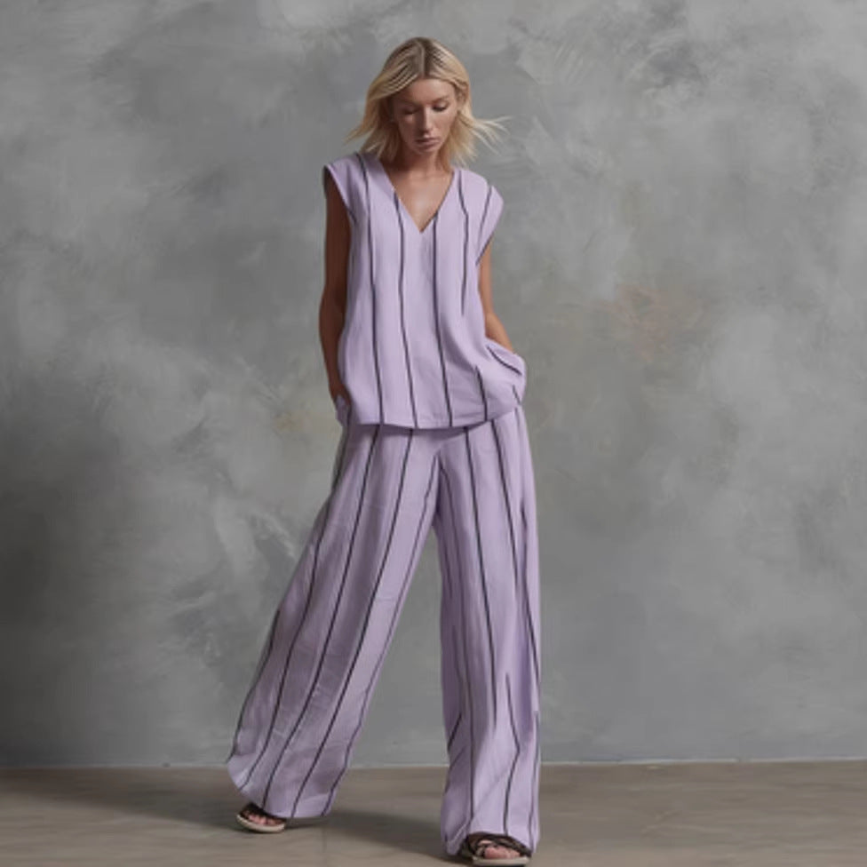 Women’s Sleeveless Striped Top and Full-Length Pants Set FitiqueFit