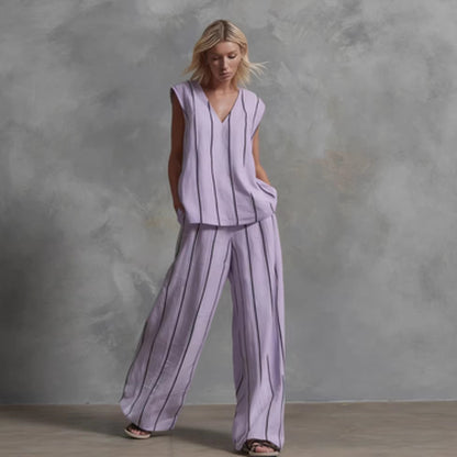 Women’s Sleeveless Striped Top and Full-Length Pants Set FitiqueFit