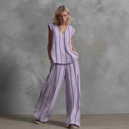 Women’s Sleeveless Striped Top and Full-Length Pants Set FitiqueFit