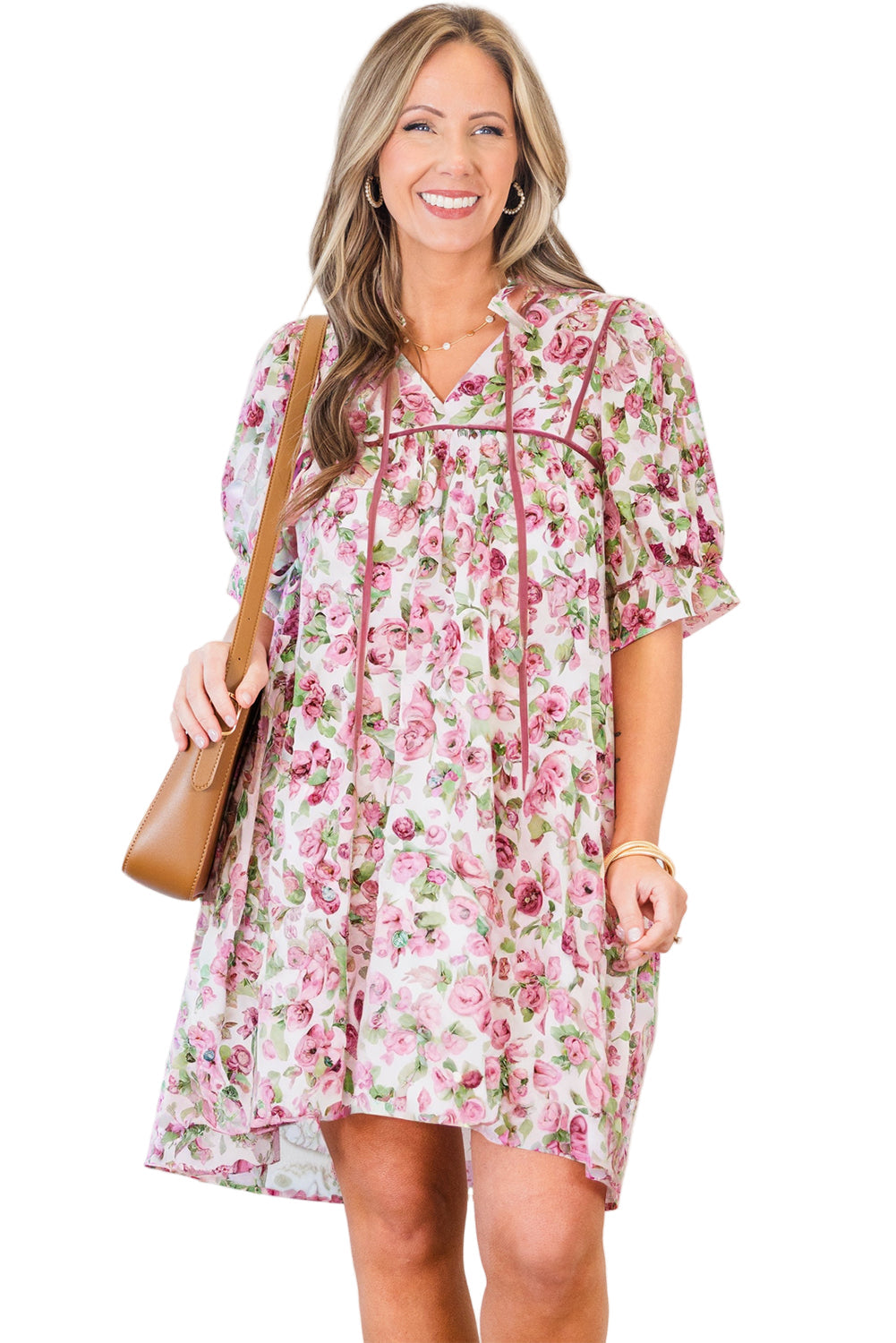 Pink Floral Split Neck Short Sleeve Loose Plus Size Mini Dress Garden Naked Curves